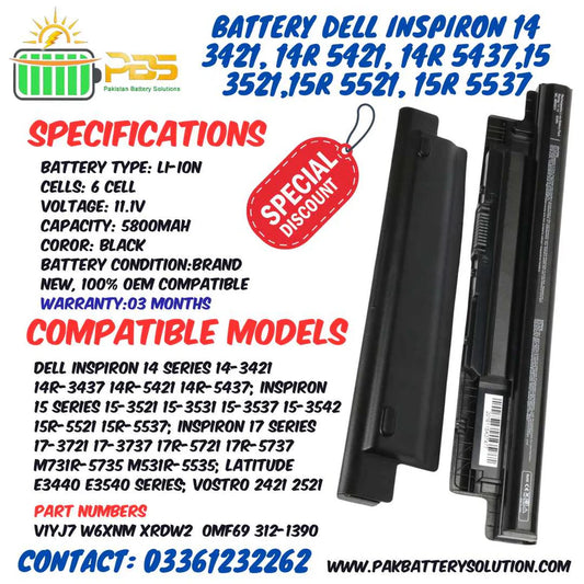 Battery  Dell 3521 5521 3421 5421  6 Cell